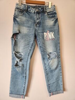 LDM Fashion Pink Panther Distressed Mom Jeans Light Wash Y2K Retro Aesthetic 26